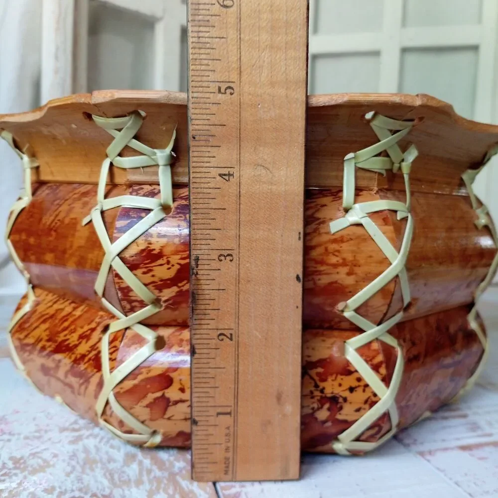 MCM Vintage Tortoise Bamboo Bowl Basket Octagon Burnt Woven Boho Centerpiece 50s